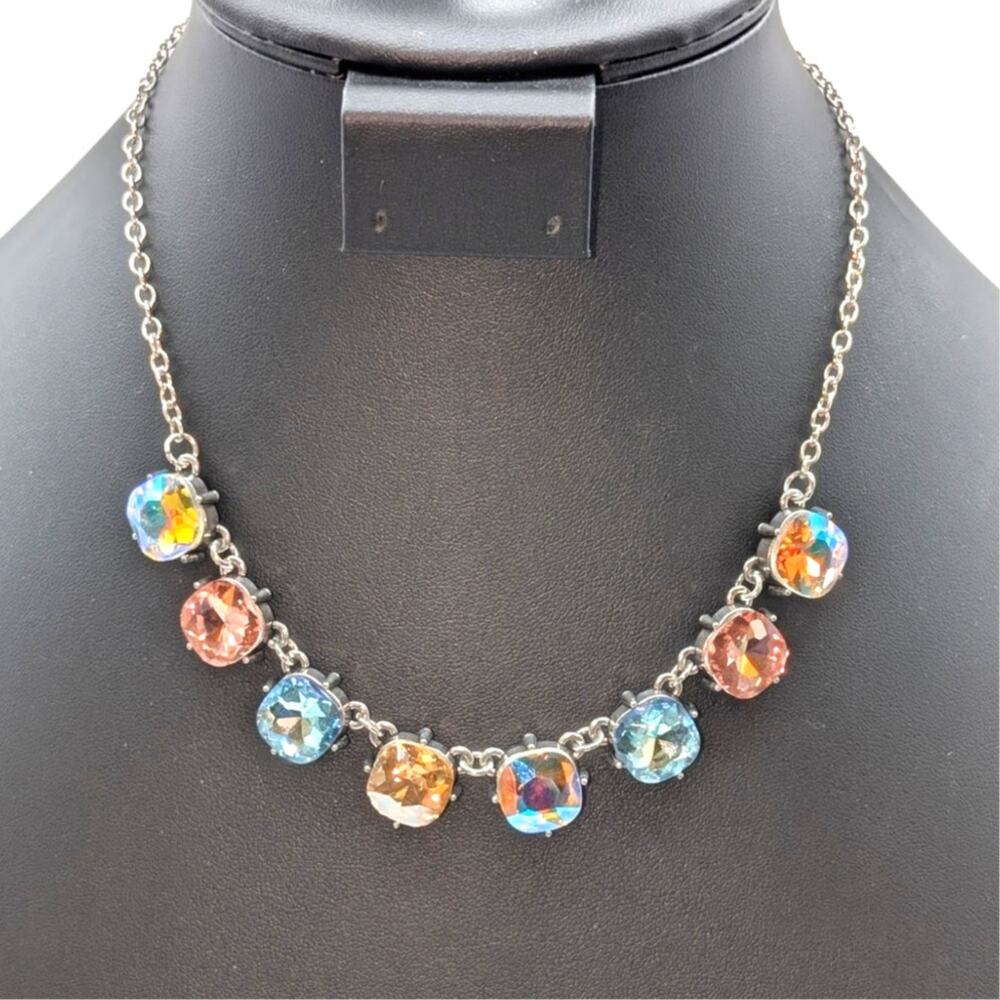 Large Square AB Crystal Silver Tone Necklace 16.5"-19"
